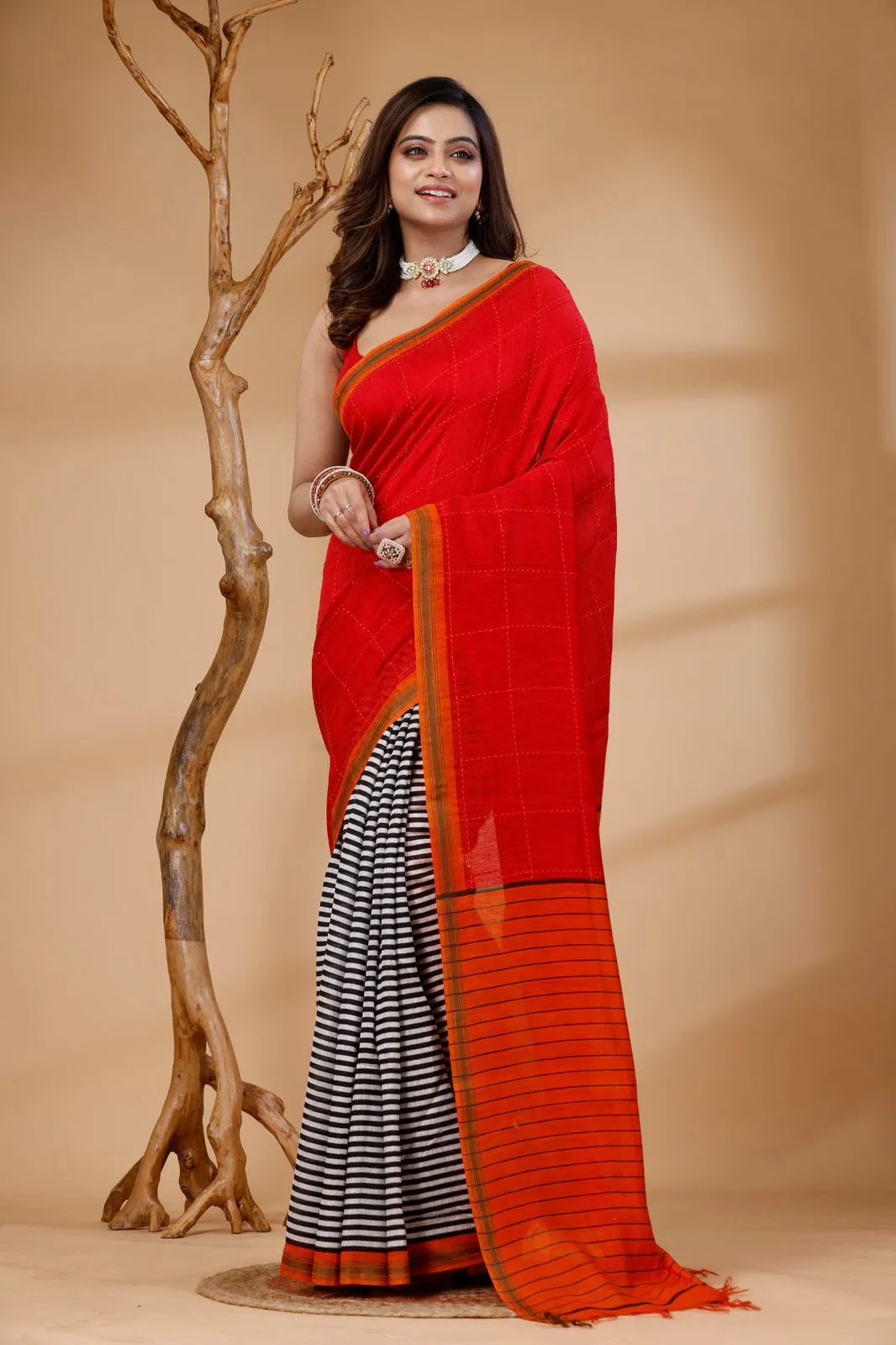 Pure Matka Silk saree with striped patli and orange blouse
