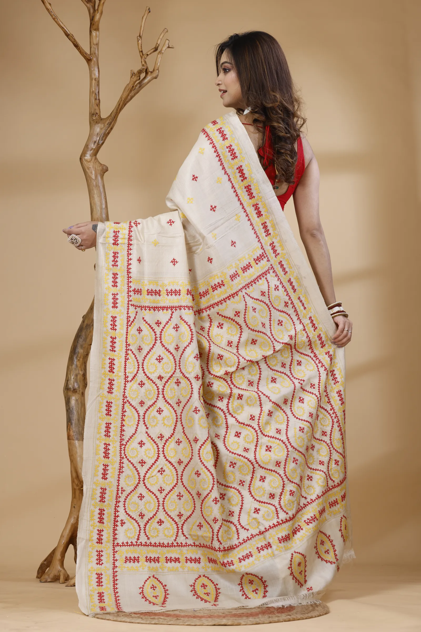 Ivory Tussar Silk Kantha Stitch Embroidered Saree