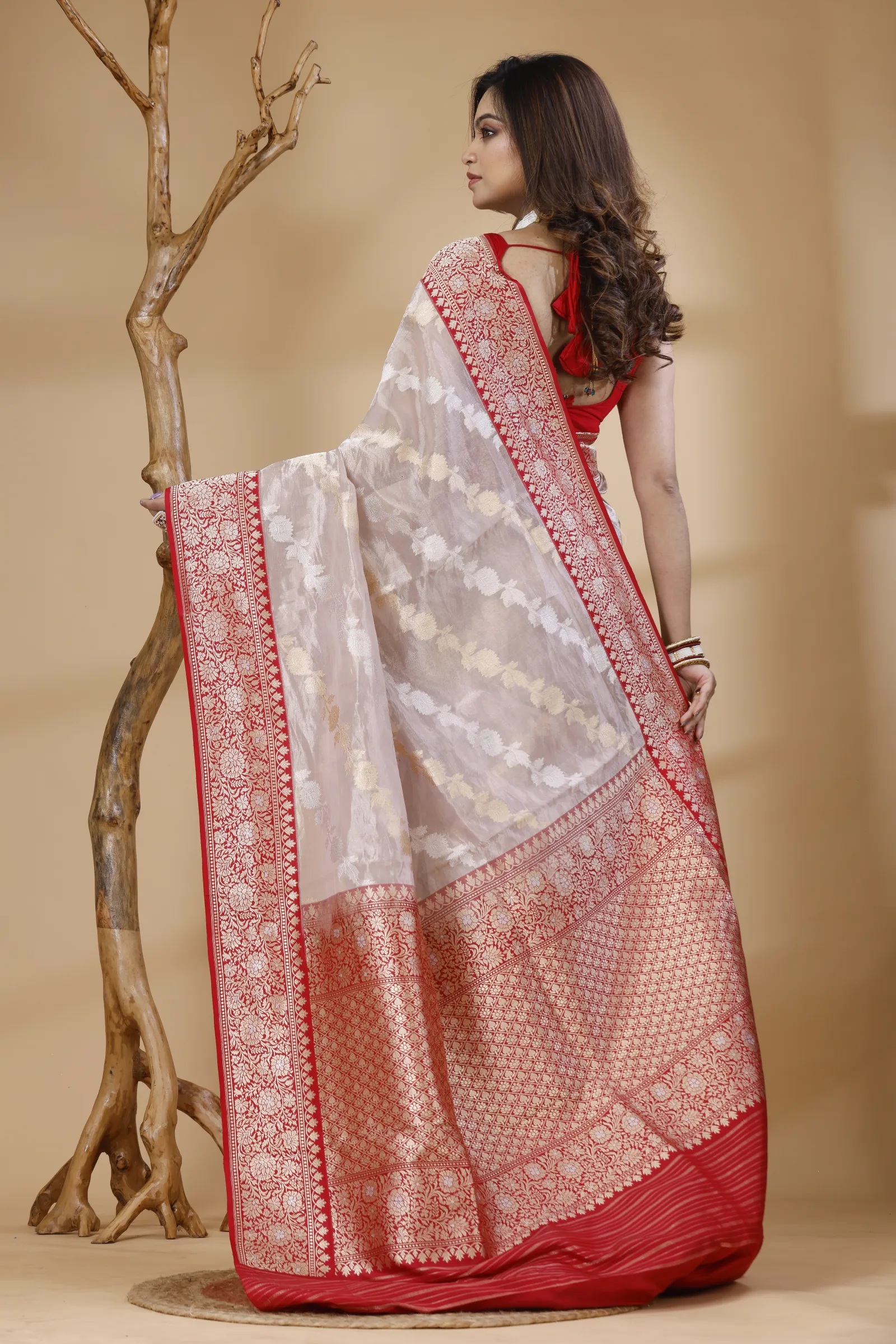Pure Kora Silk Banarasi Saree with Hand Embroidery– Pink