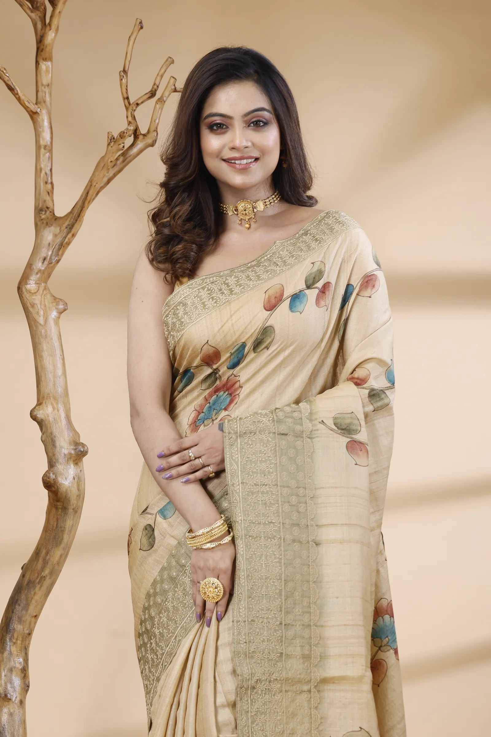 Tussar Kalamkari Saree with Hand Embroidery– Beige & Sage Green