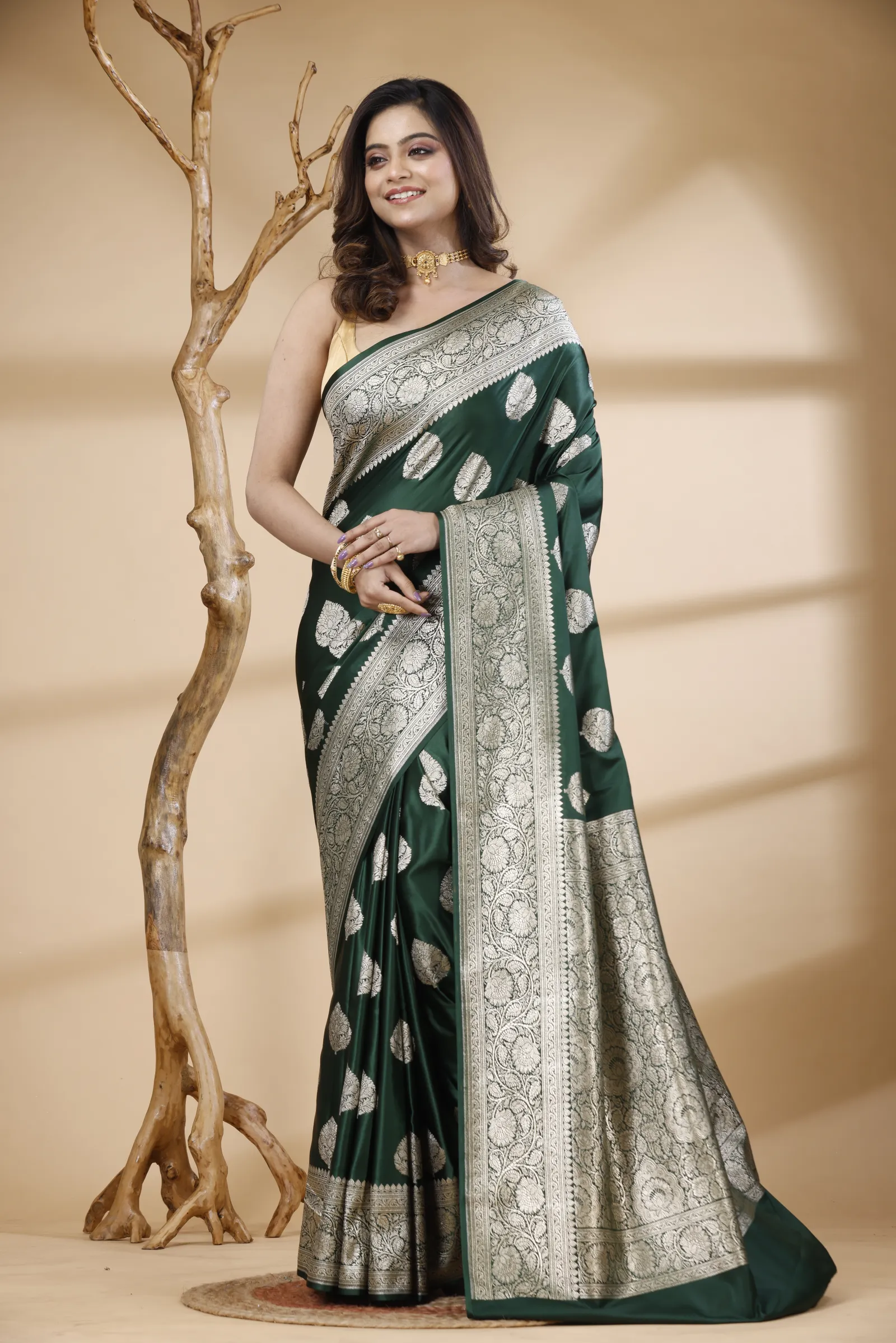 Semi Mashru Silk Saree with Hand Embroidery– Green