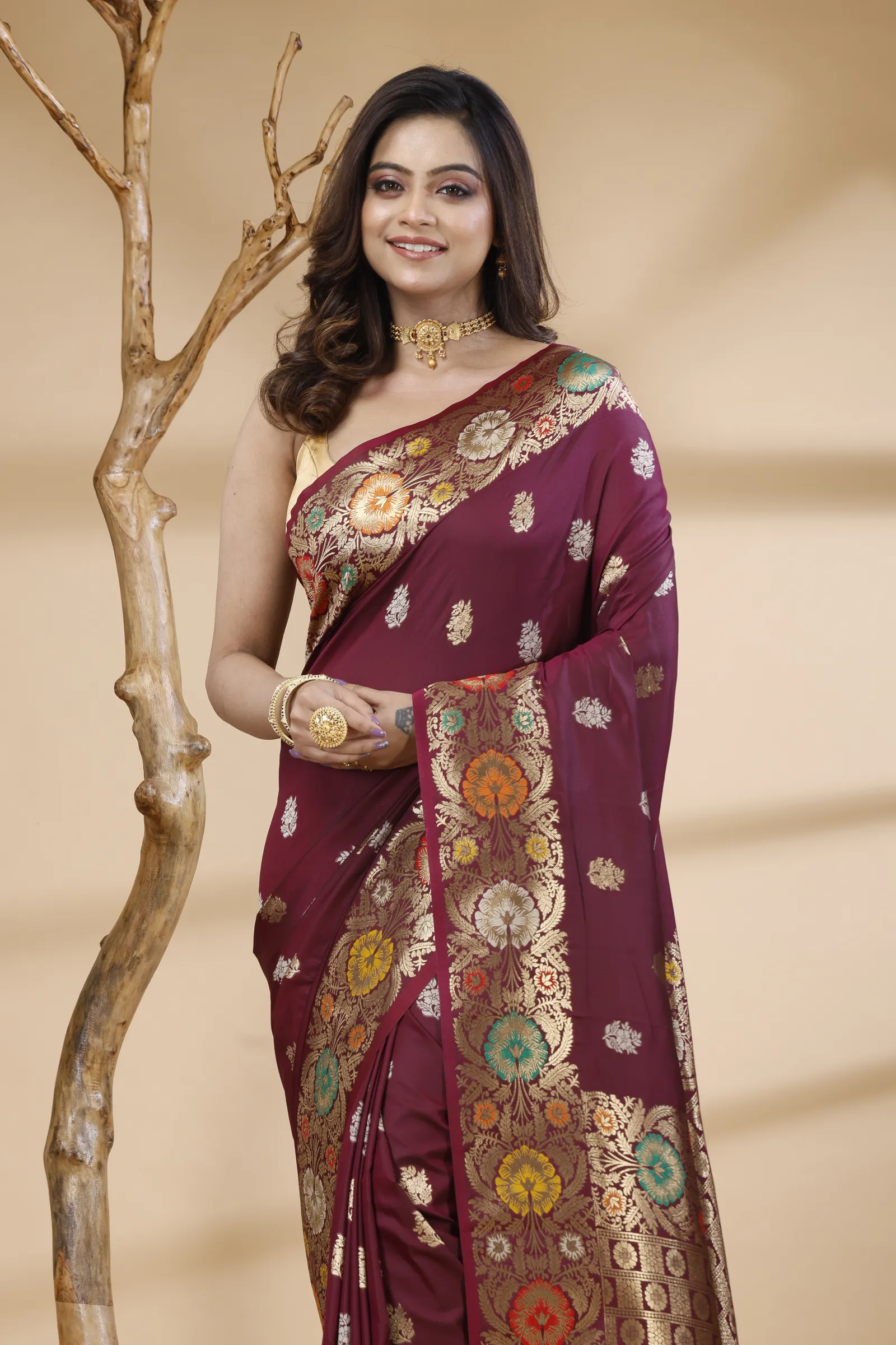Katan Semi Silk Saree with Hand Embroidery– Purple