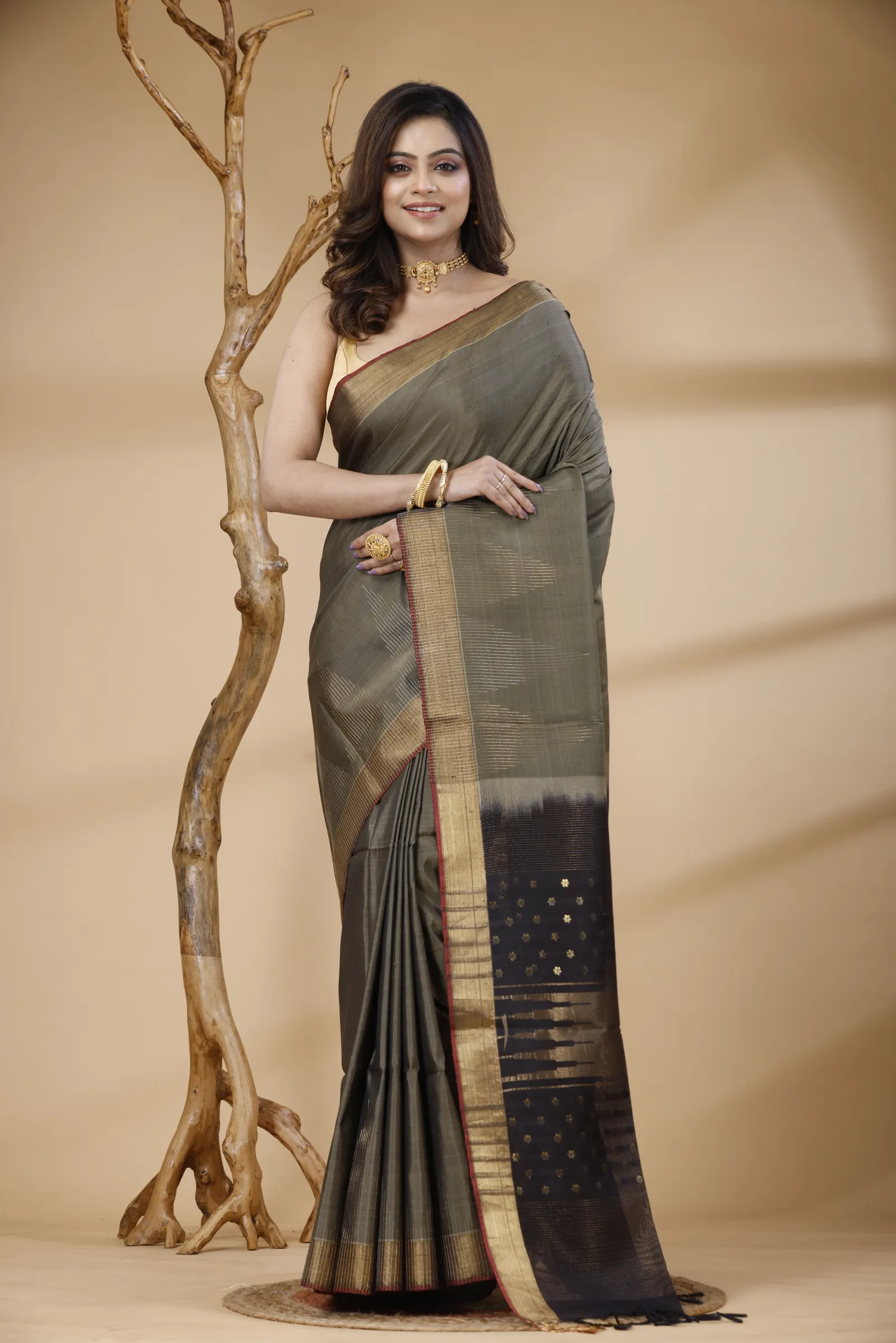 Pure Coimbatore Matka Silk Saree with Hand Embroidery– Black
