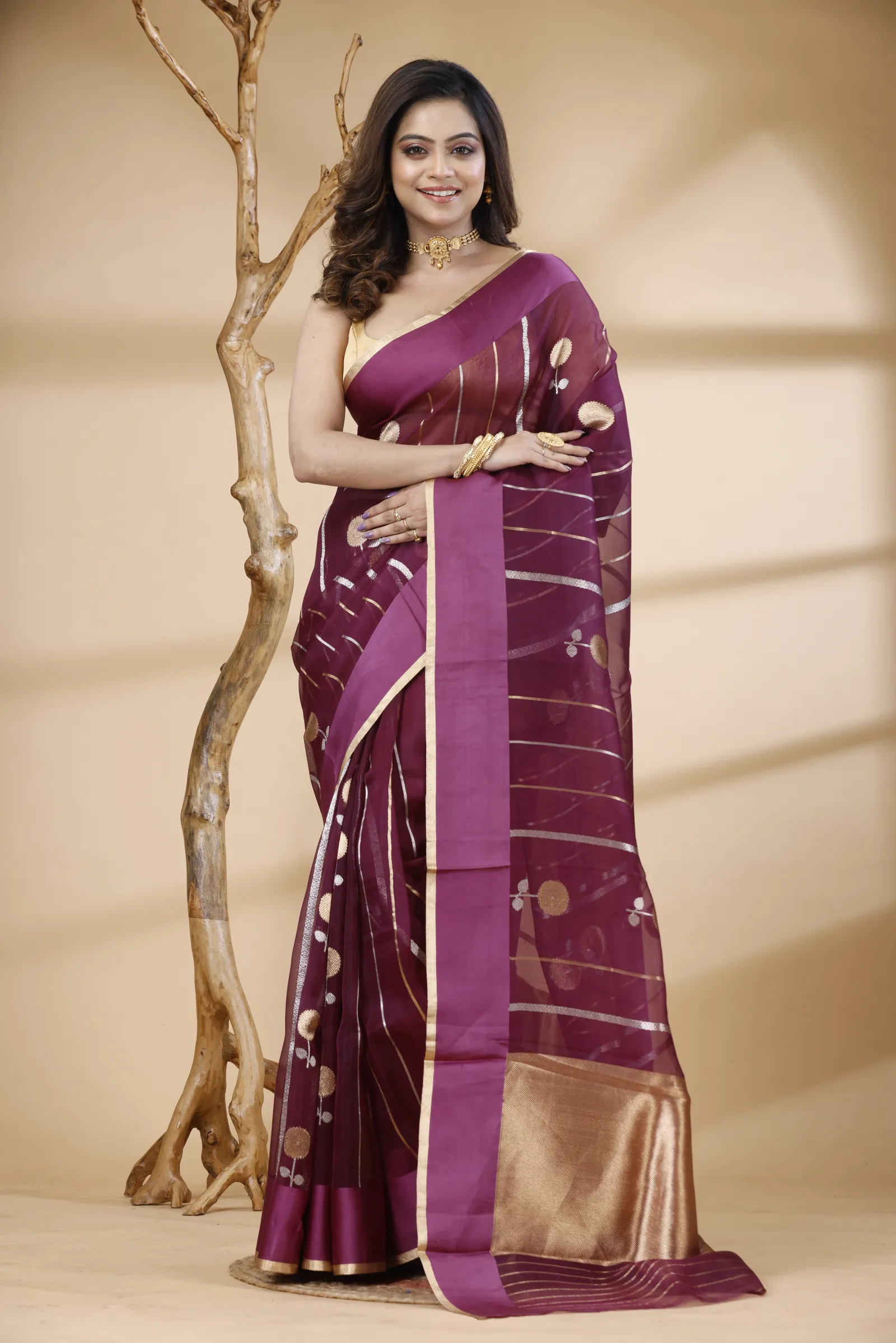 Pure Organza Mashru Saree with Hand Embroidery– Purple