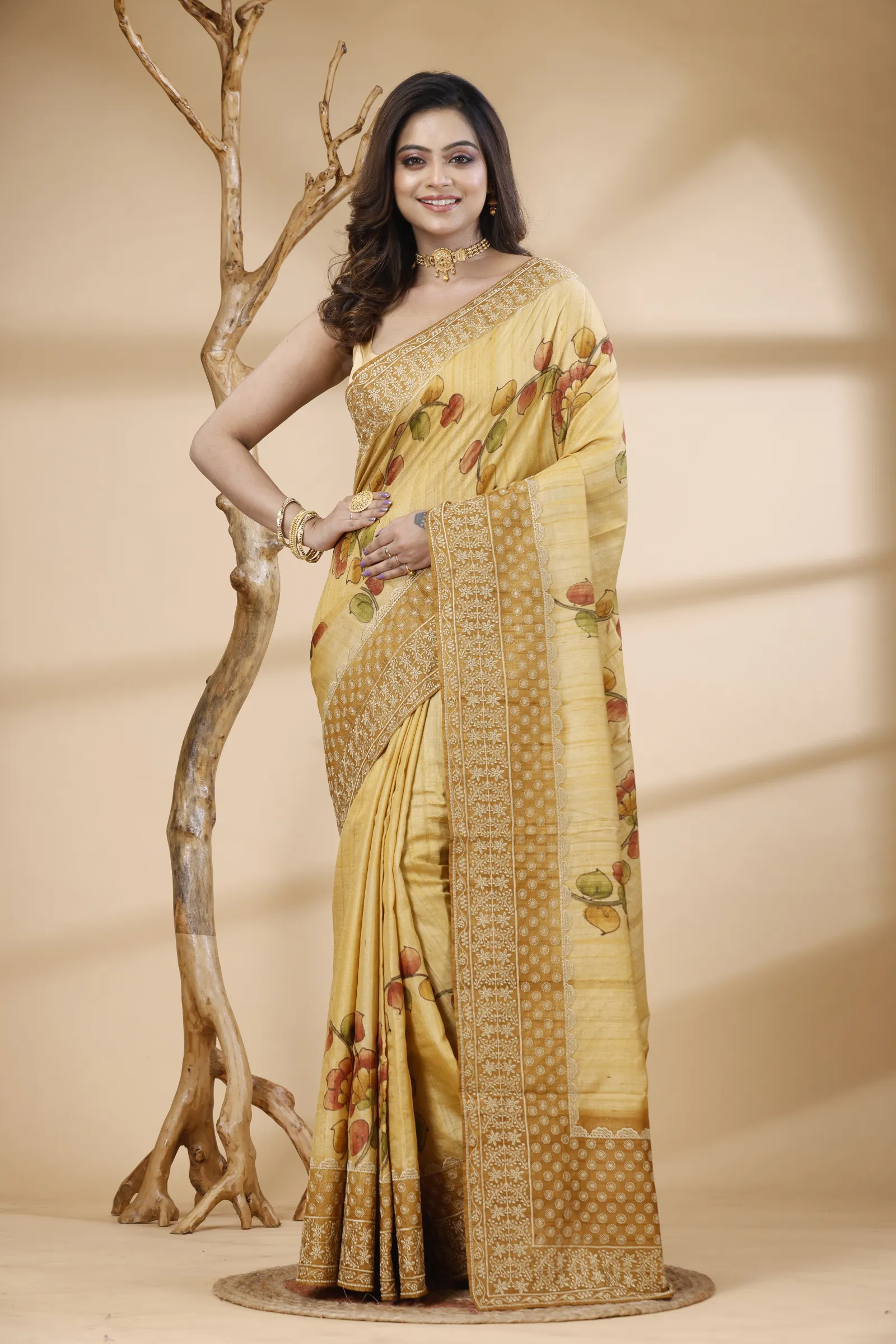 Tussar Kalamkari Saree with Hand Embroidered Border – Golden Yellow & Mustard