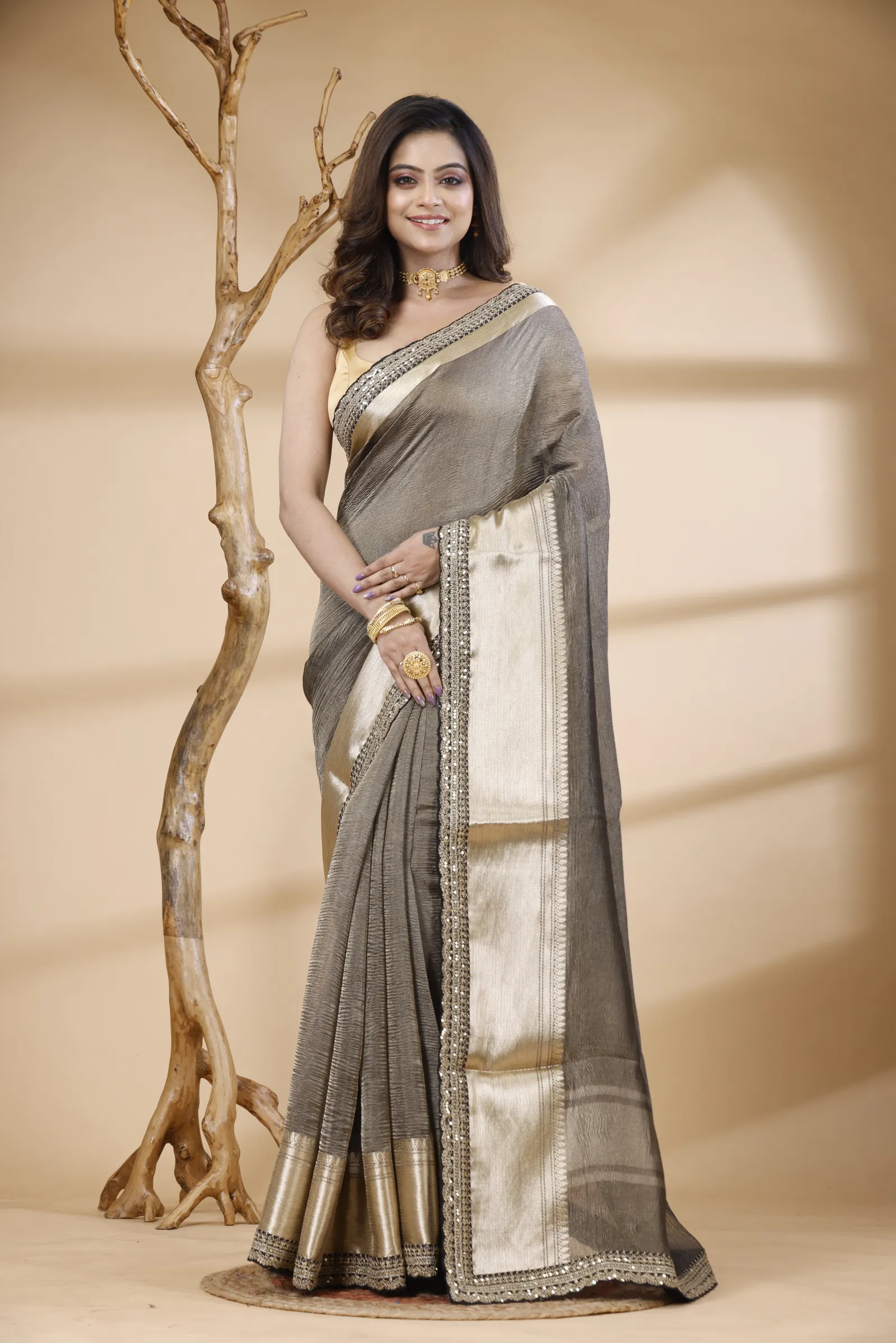 Pure Tissue Saree with Hand Embroidery– Grey