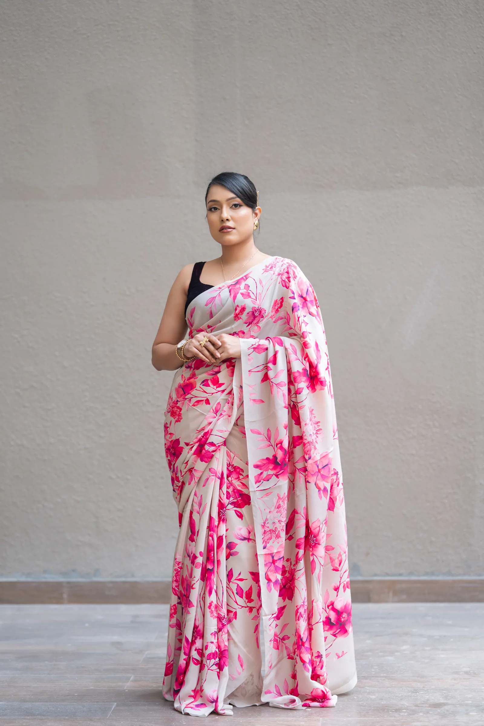 Pure Crepe Saree with Hand Embroidery – Grey