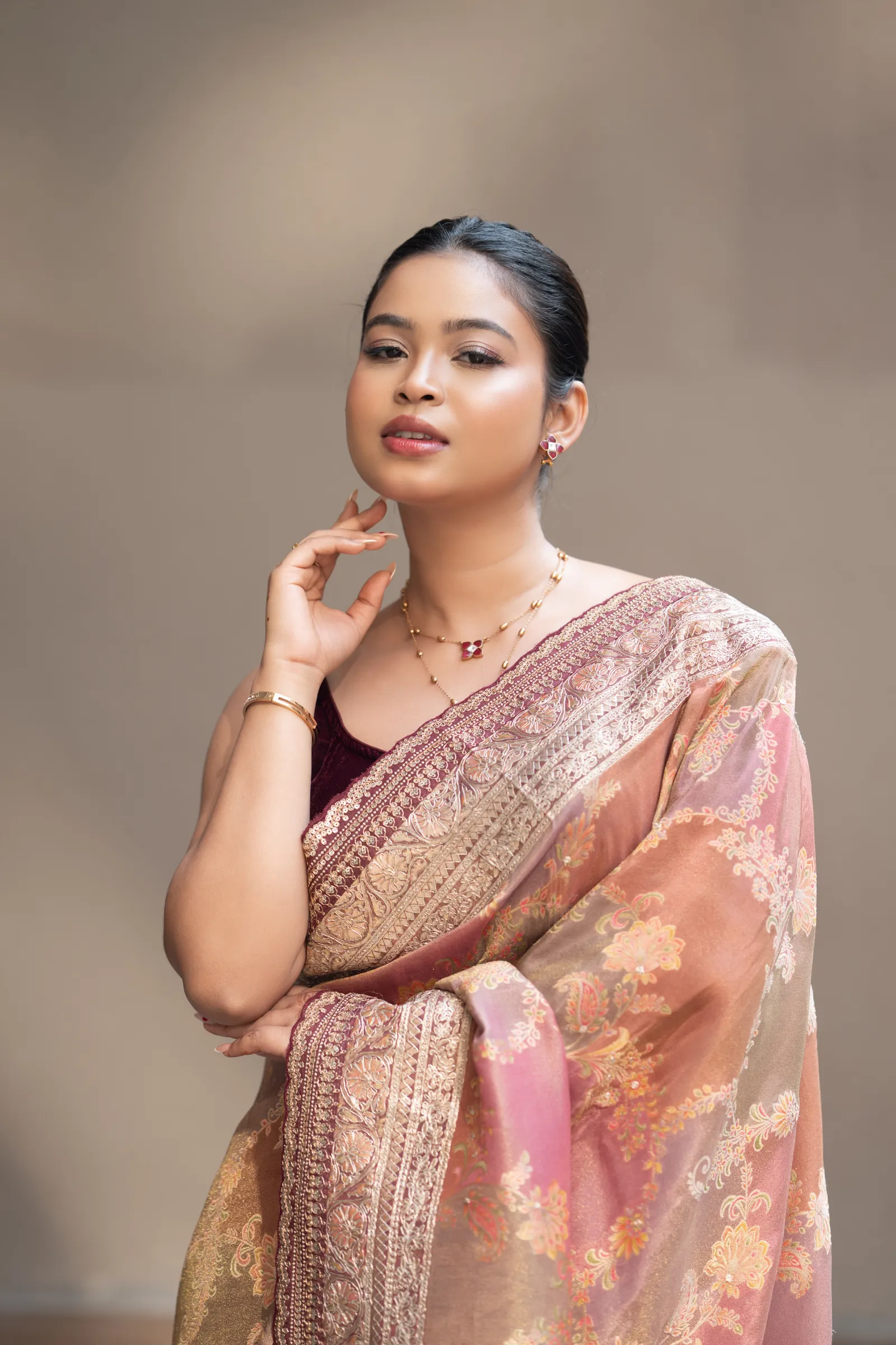 Designer Pure Silk Saree with Hand Embroidered Border – Dusty Rose & Antique Gold