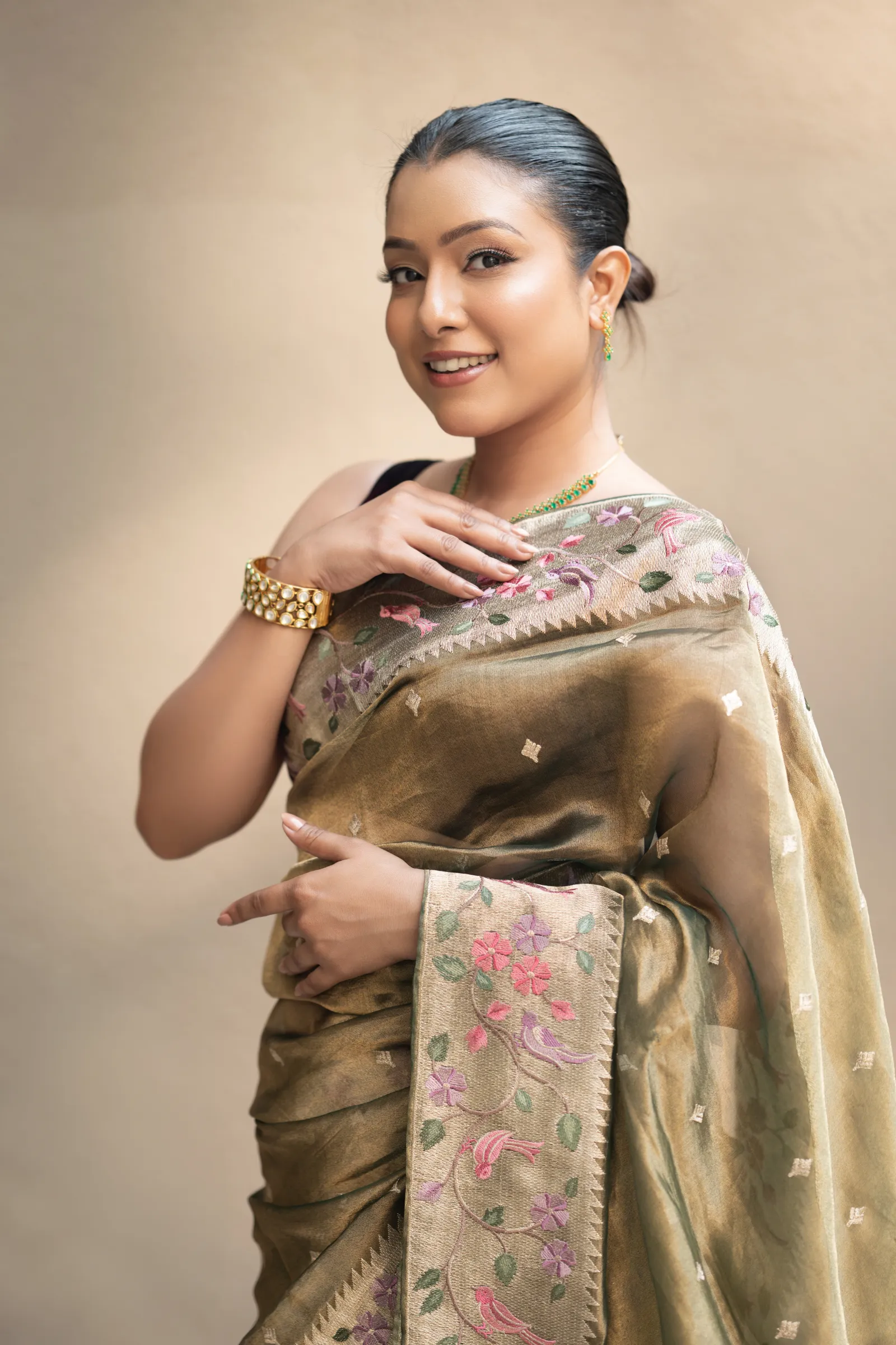 Tissue Paithani Saree with Hand Embroidery– Olive Green